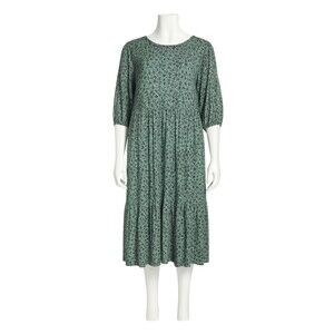 ZARA Floral Midi Dress Women’s Large Green Black Cottagecore 3/4 Puff Sleeve